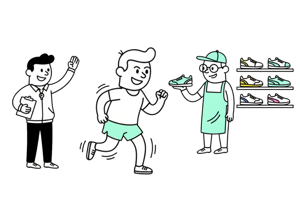 un corredor junto a un entrenador, junto a un vendedor de zapatilla deportivas representan diferentes aspectos de un topico como puede ser el mundo del running