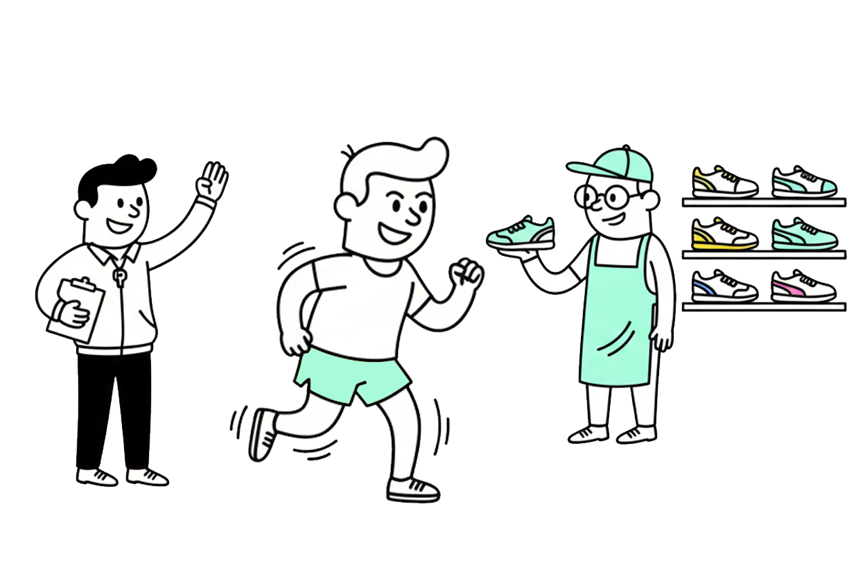 un corredor junto a un entrenador, junto a un vendedor de zapatilla deportivas representan diferentes aspectos de un topico como puede ser el mundo del running