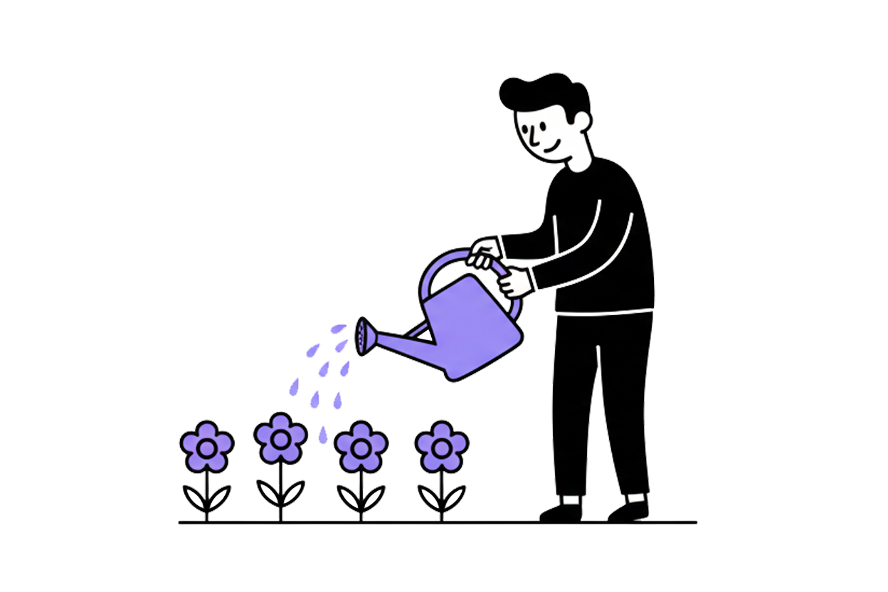 hombre regando plantas igual que cuidar a un cliente, da frutos poco a poco