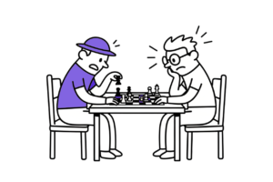 dos personas planificando un movimiento en una partida de ajedrez