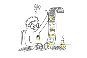 un cientifico leyendo un informe de kpi con el método cientítico