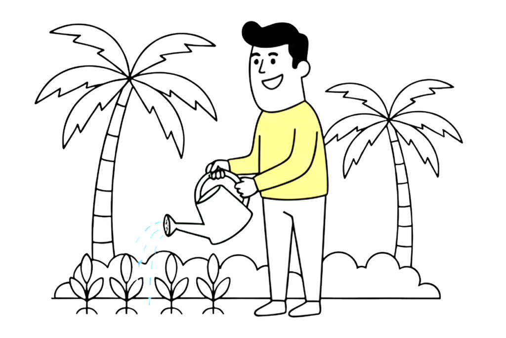 hombre regando sus plantas, paralelismo con cuidar de un cliente