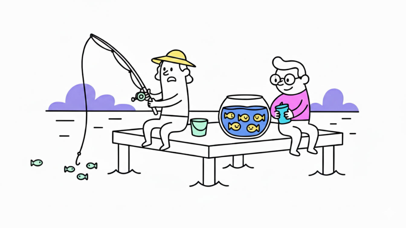 dos personas la primera por la izquierda pescando, representa la captación y la segunda alimentando peces en una pecera, significa la retención