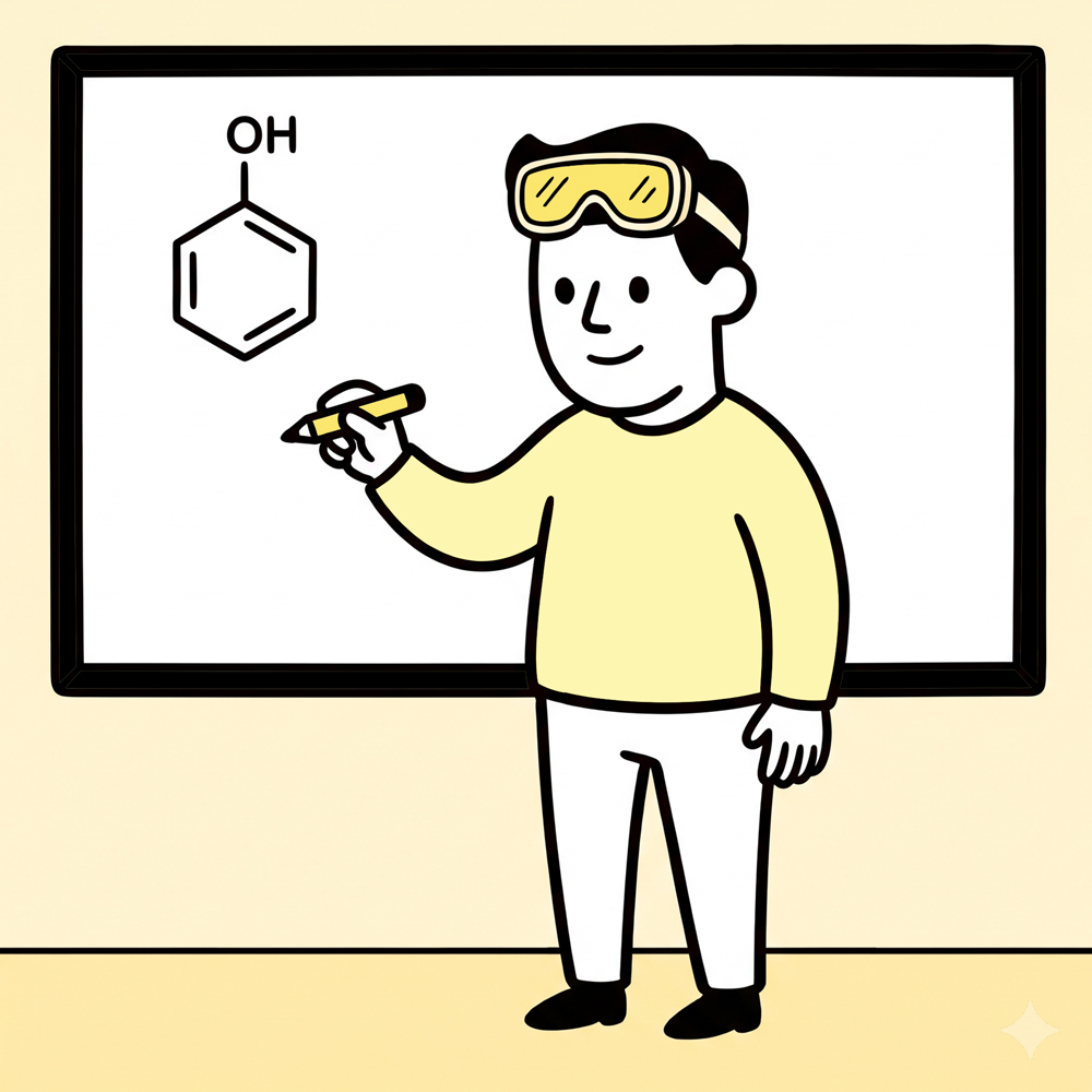 Profesional con gafas de laboratorio explicando un ciclo de experimentación en una pizarra