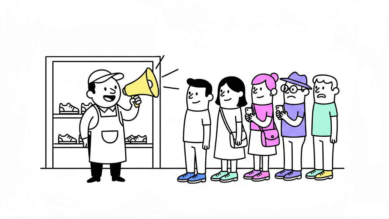 Captación vs Retención: por qué el debate está mal planteado 2 Un vendedor de zapatos llamando la atención para que vengan más clientes cuando es el momento adecuado, representa el punto óptimo para apretar en la captación