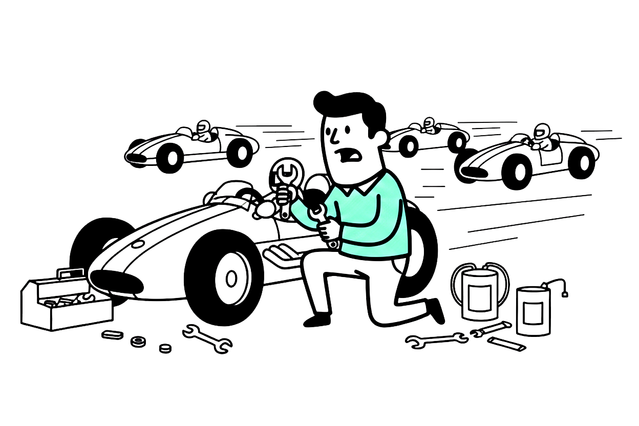 un hombre arreglando un coche de carreras