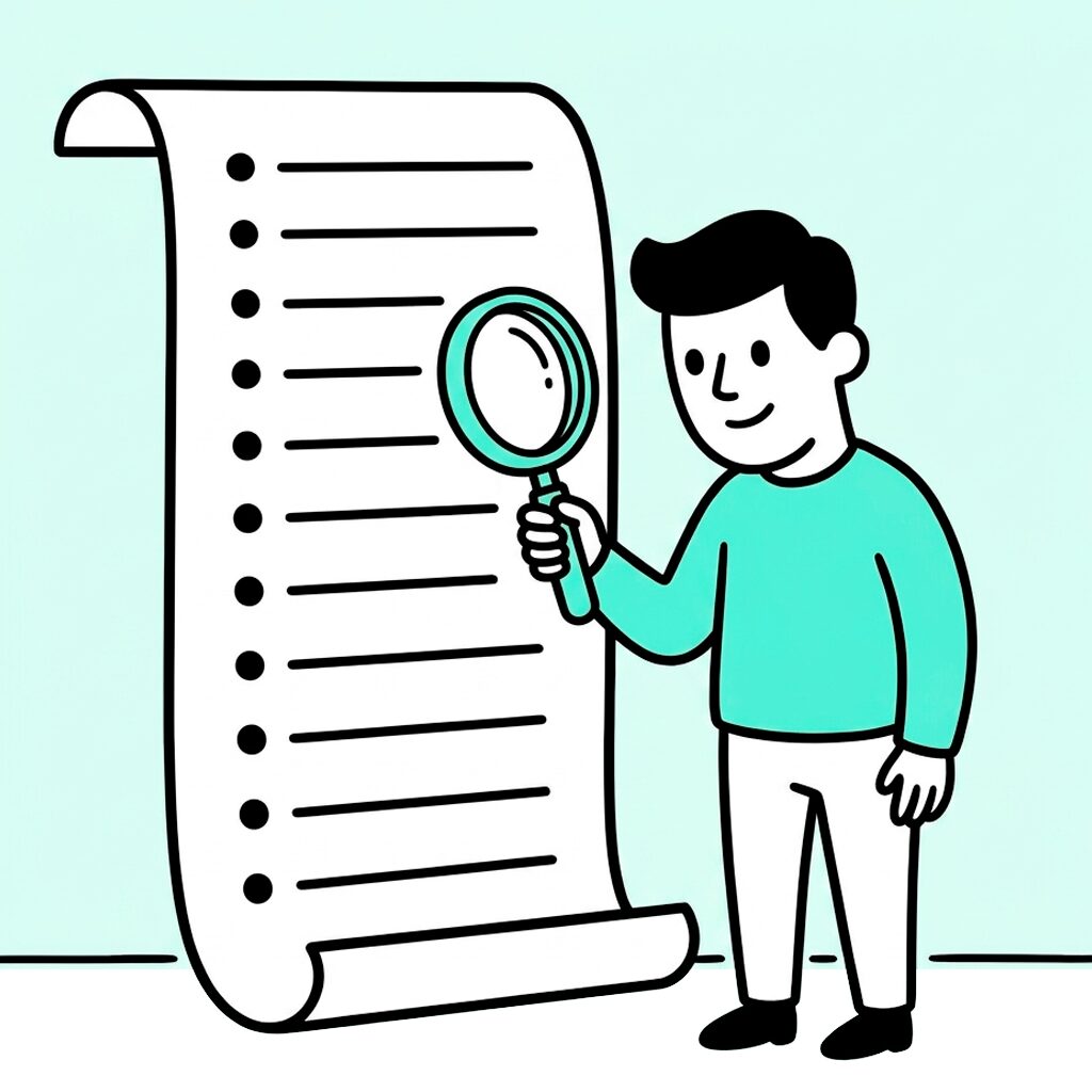 Profesional revisando una lista de elementos SEO con una lupa