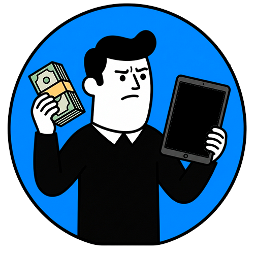 Ilustración de una persona con dinero y una tablet, representando inversión en marketing sin resultados por una web que no acompaña.