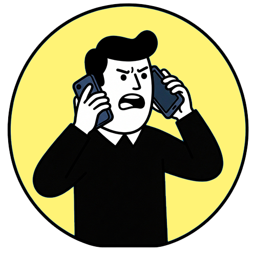 lustración de una persona hablando por teléfono con gesto de agobio, representando falta de estructura comercial o exceso de trabajo.