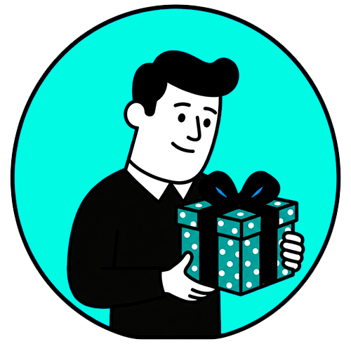 Ilustración de una persona sosteniendo un regalo, representando campañas de marketing para momentos importantes como Navidad, verano o vuelta al cole.