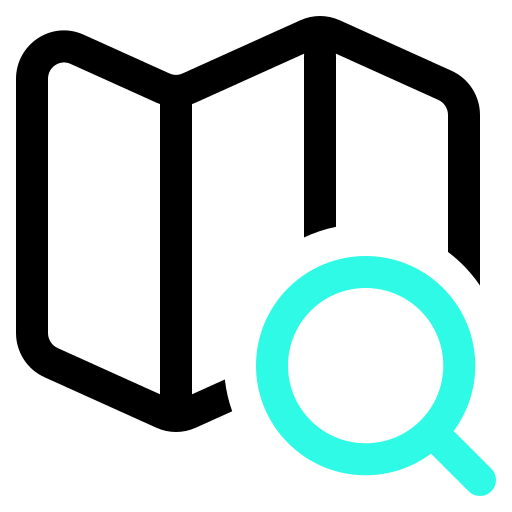 Icono de mapa con lupa, representando posicionamiento local en Google y Google Maps.