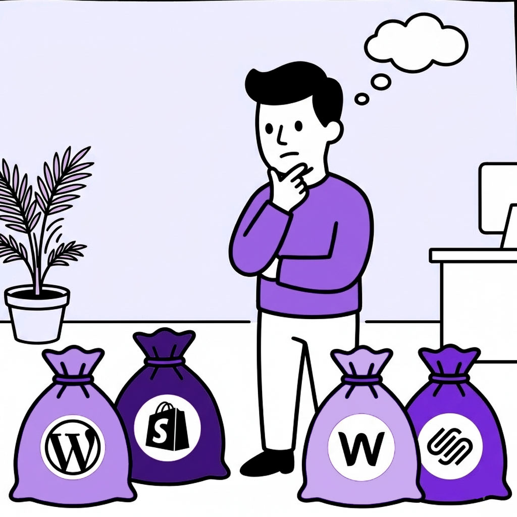 Hombre comparando WordPress, Shopify, Wix y Squarespace para elegir una plataforma web
