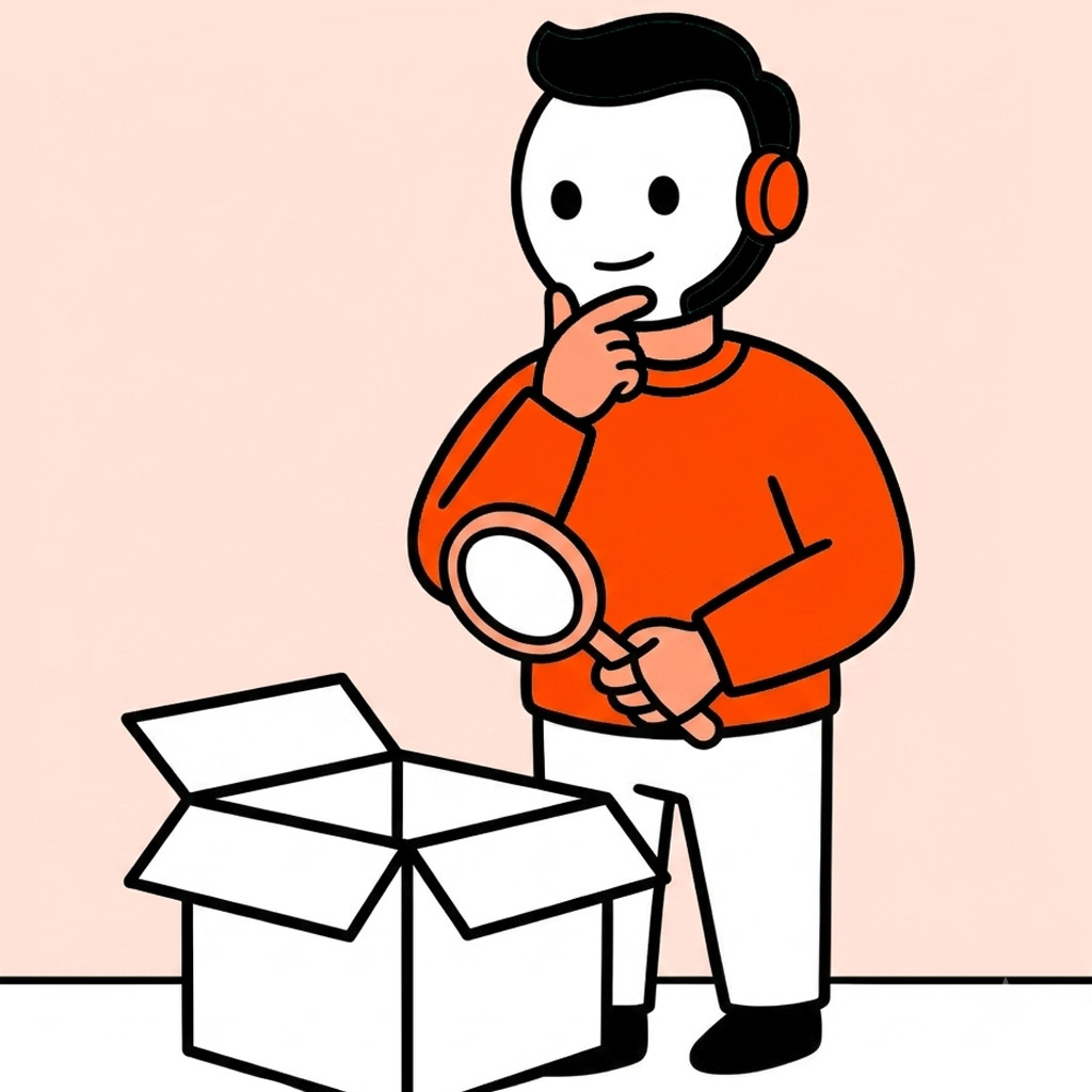 Persona examinando una caja con una lupa para entender por qué la IA no recomienda sus productos