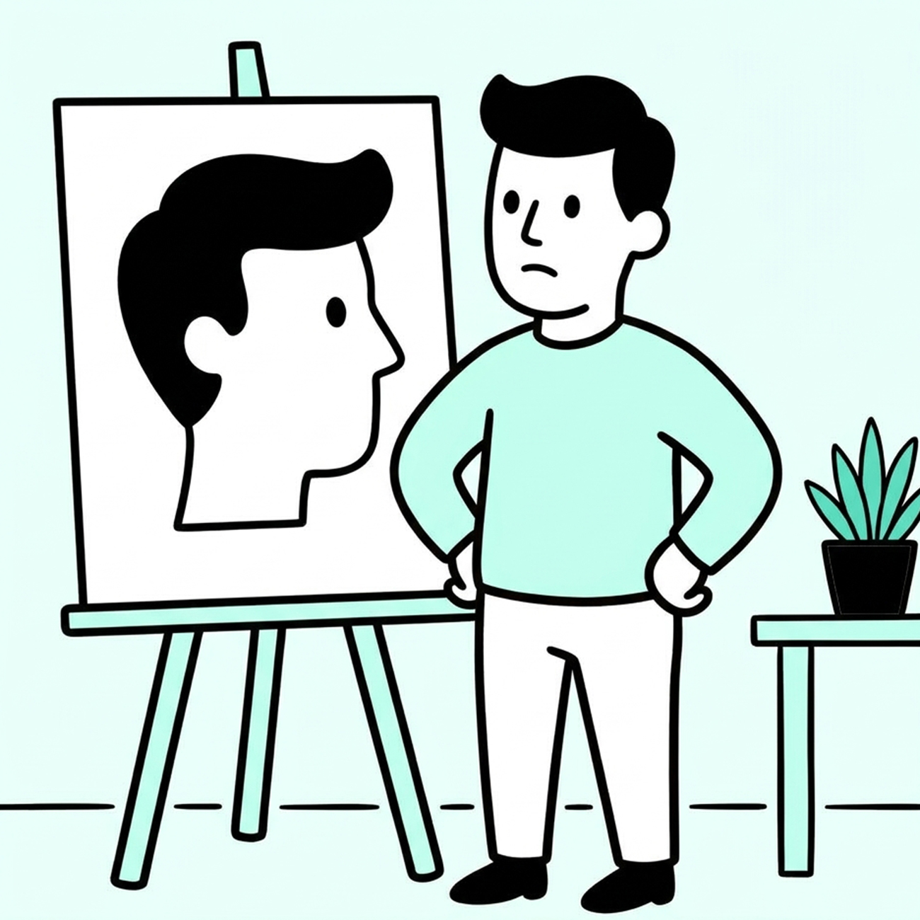 Ilustración de un hombre mirando un caballete con su propio retrato de perfil dibujado