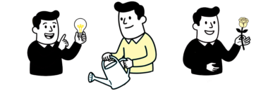Ilustración de servicio de captación de leads con personajes representando ideas, crecimiento y generación de clientes potenciales