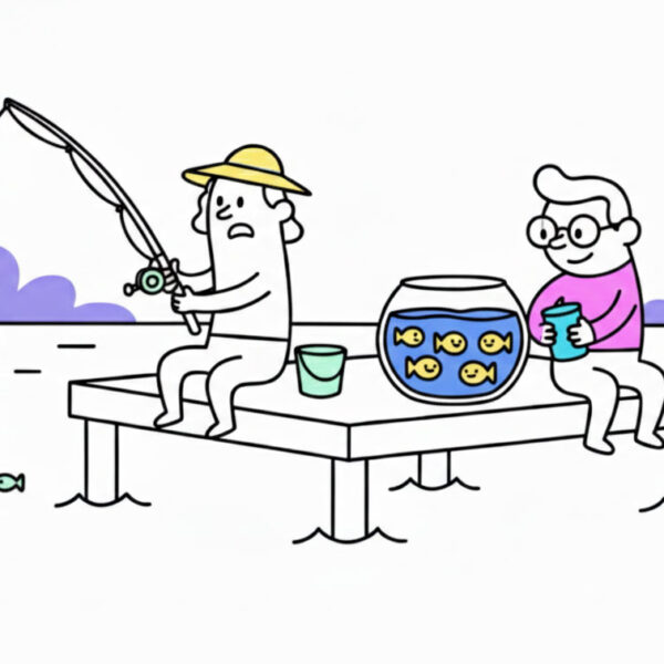 dos personas la primera por la izquierda pescando, representa la captación y la segunda alimentando peces en una pecera, significa la retención