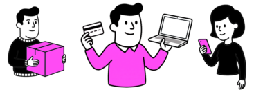 Ilustración de servicio ecommerce con personajes gestionando pedidos, pagos online, ordenador y compras móviles