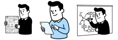 Ilustración de servicio de diseño web con personajes revisando wireframes, planificación y estrategia digital