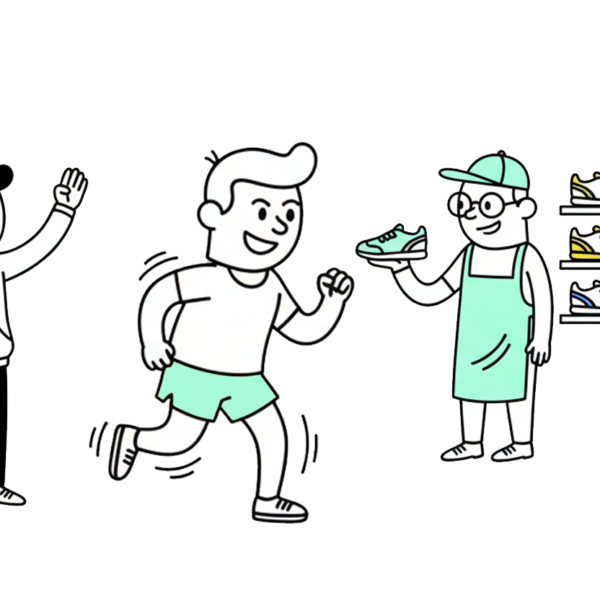 un corredor junto a un entrenador, junto a un vendedor de zapatilla deportivas representan diferentes aspectos de un topico como puede ser el mundo del running