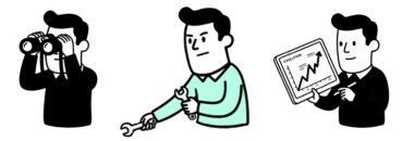 Ilustración de servicio SEO con personajes analizando datos, búsqueda y crecimiento de visibilidad en Google